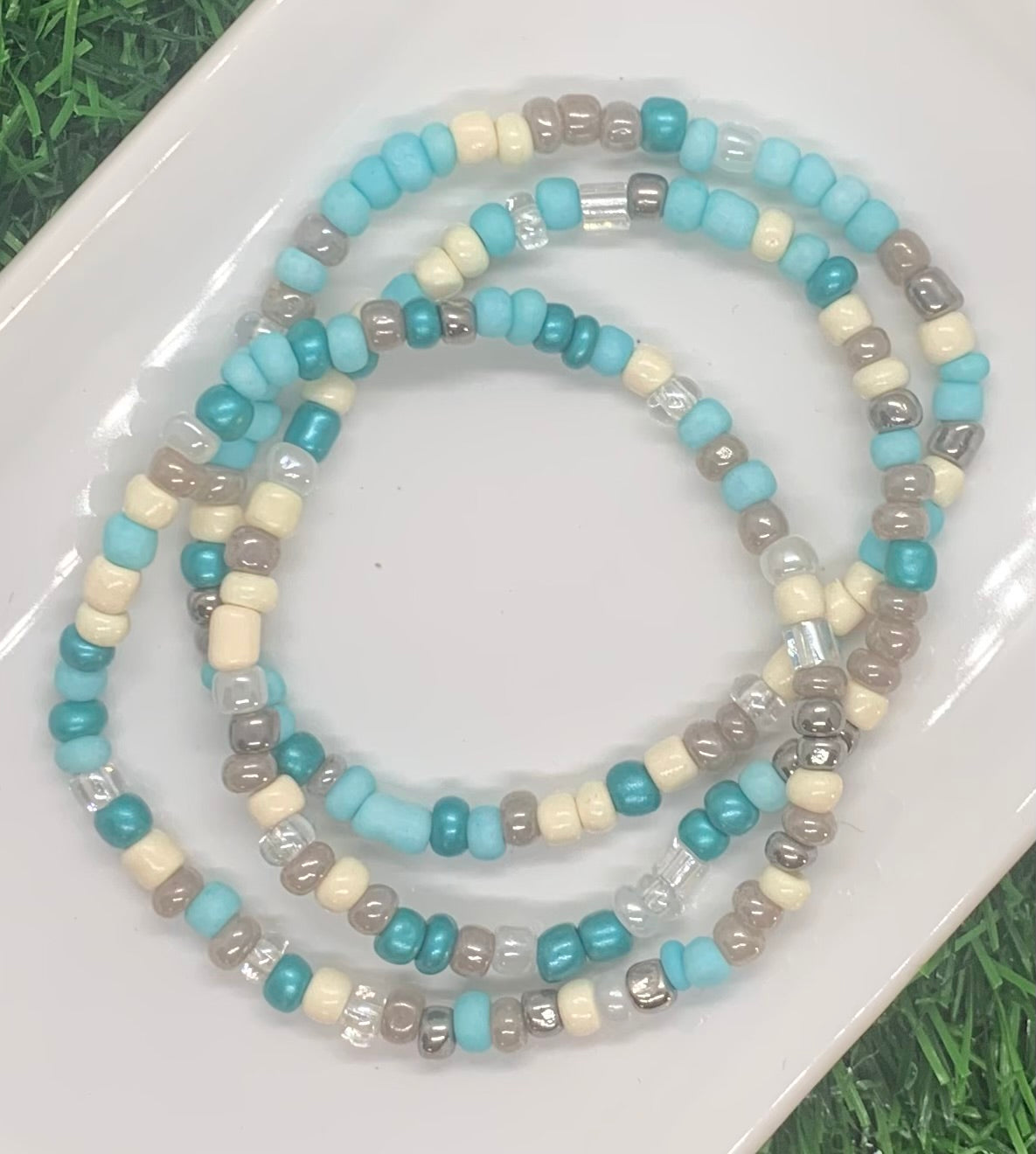 Blue, grey & beige colored Seed Bead Bracelet set