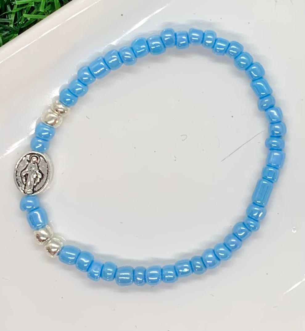 Virgin Mary Light Blue Seed Bead Bracelet