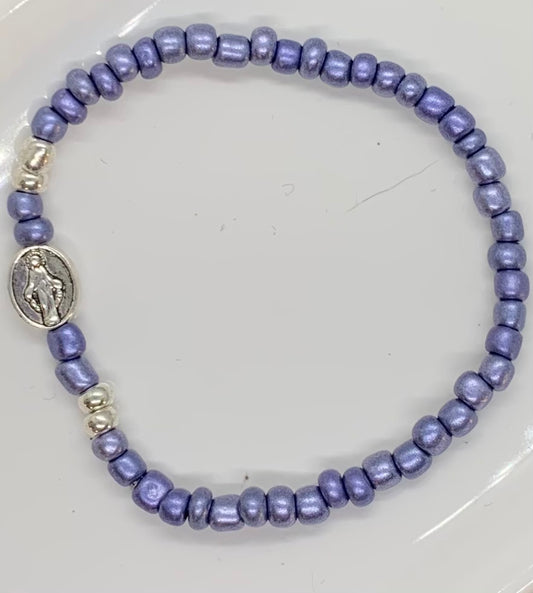 Virgin Mary Light Purple Seed Bead Bracelet