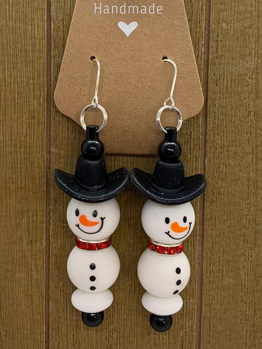 Snowman Earrings with red pearl scarf